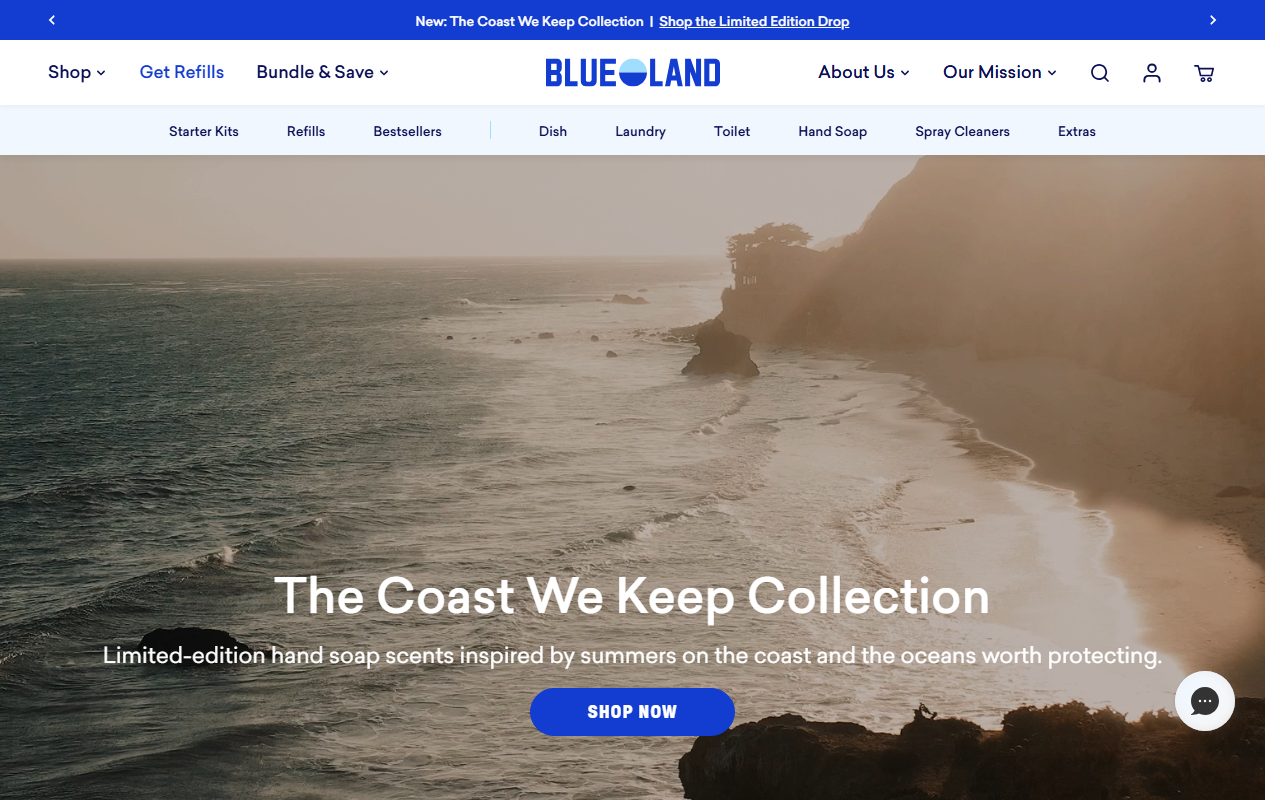 Blueland官网首页截屏，顶部Get Refills与Bundle & Save导航，hero为限量香型The Coast We Keep Collection海岸摄影