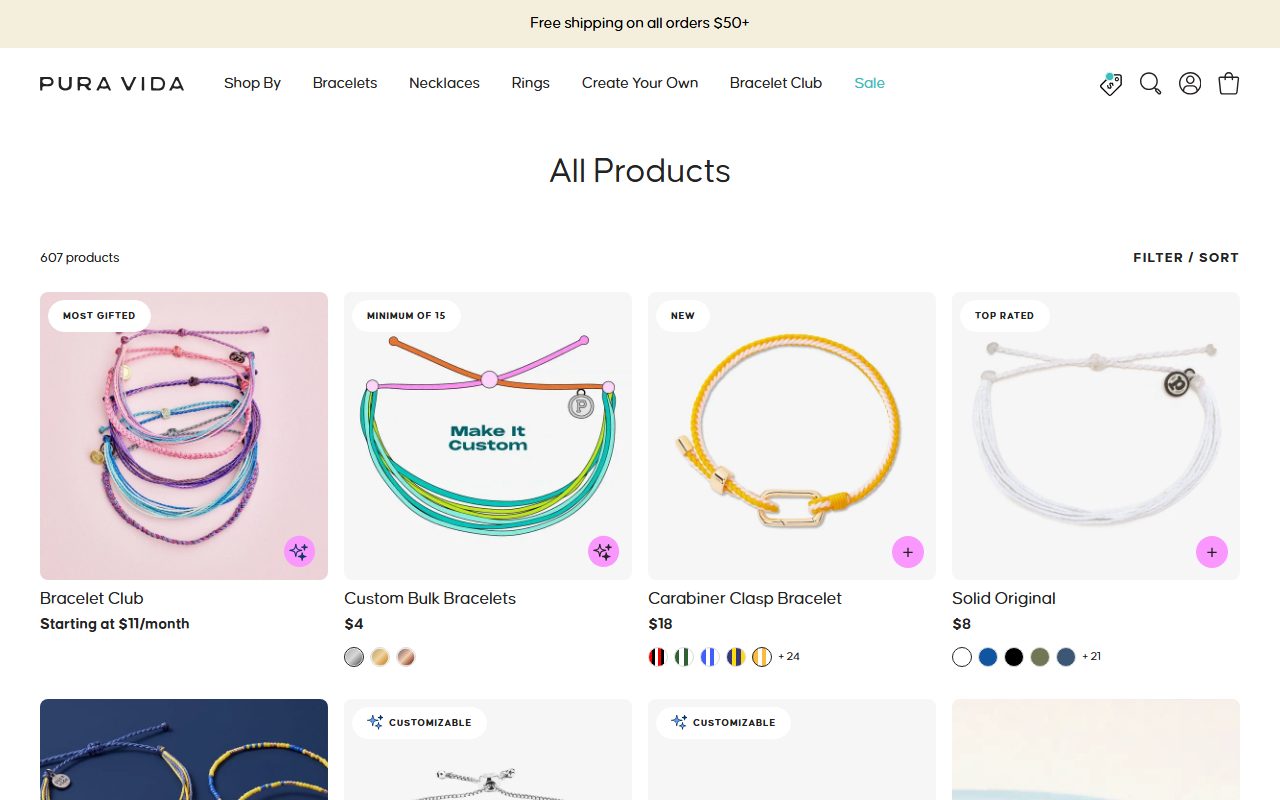 Pura Vida Bracelets官网首页截屏