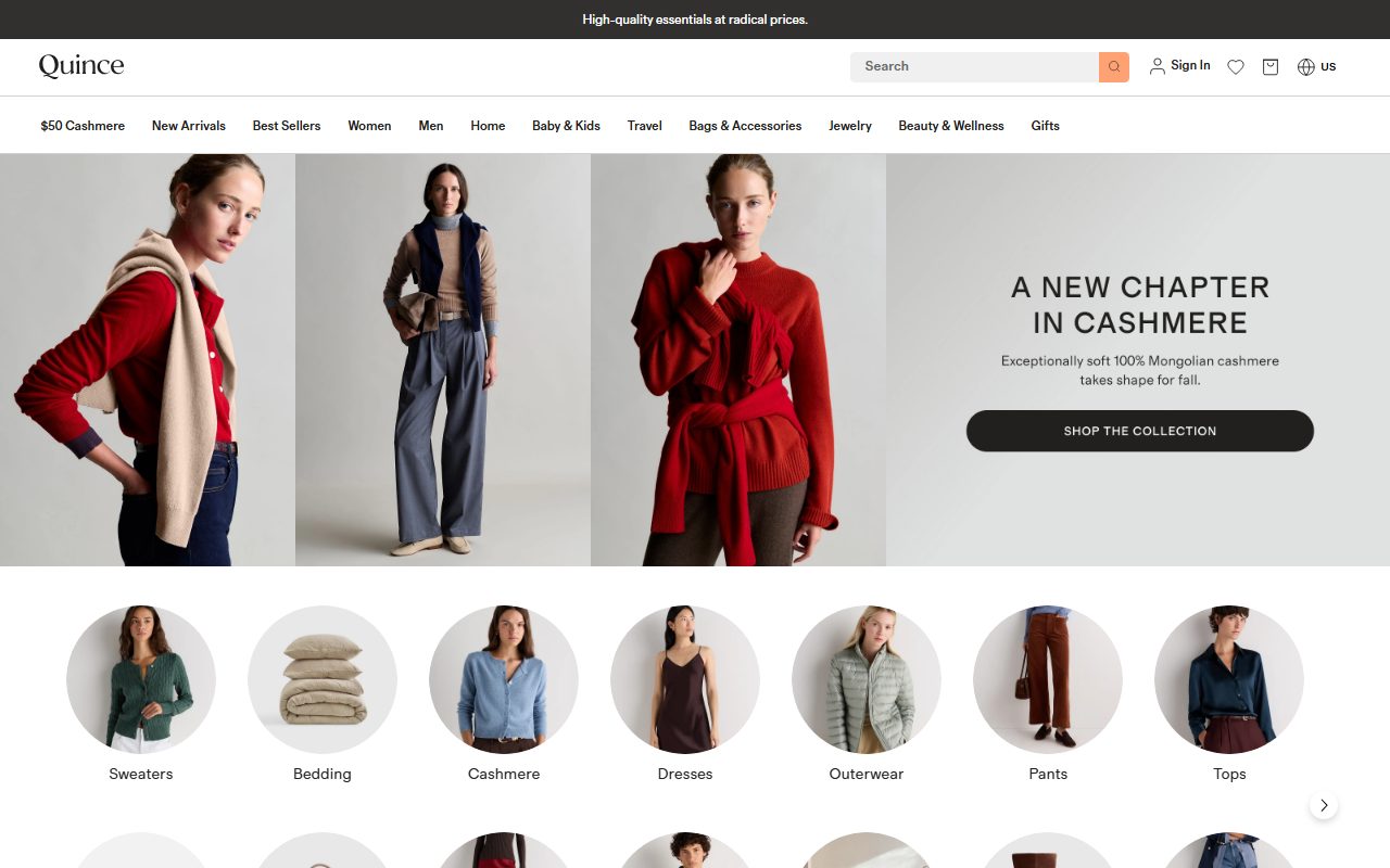 Quince官网首页截屏，hero为A NEW CHAPTER IN CASHMERE红色羊绒造型三联实拍，导航含$50 Cashmere/New Arrivals/Best Sellers/Women/Men/Home/Baby & Kids/Travel/Bags & Accessories/Jewelry/Beauty & Wellness/Gifts