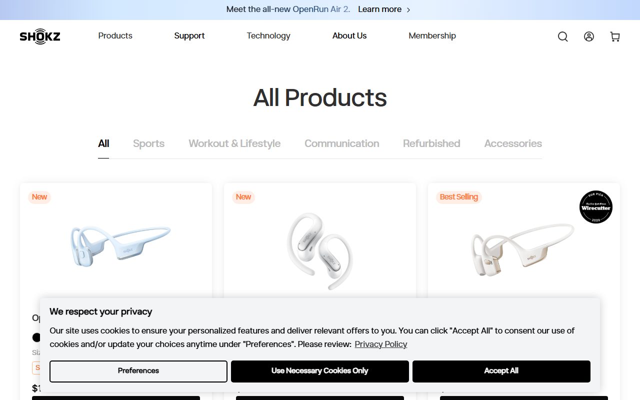 Shokz 韶音官网首页截屏